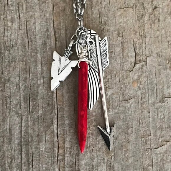 Silvertone Charm Necklace with Red Stone Spike Unisex 24 Inch Chain - Picture 3 of 6